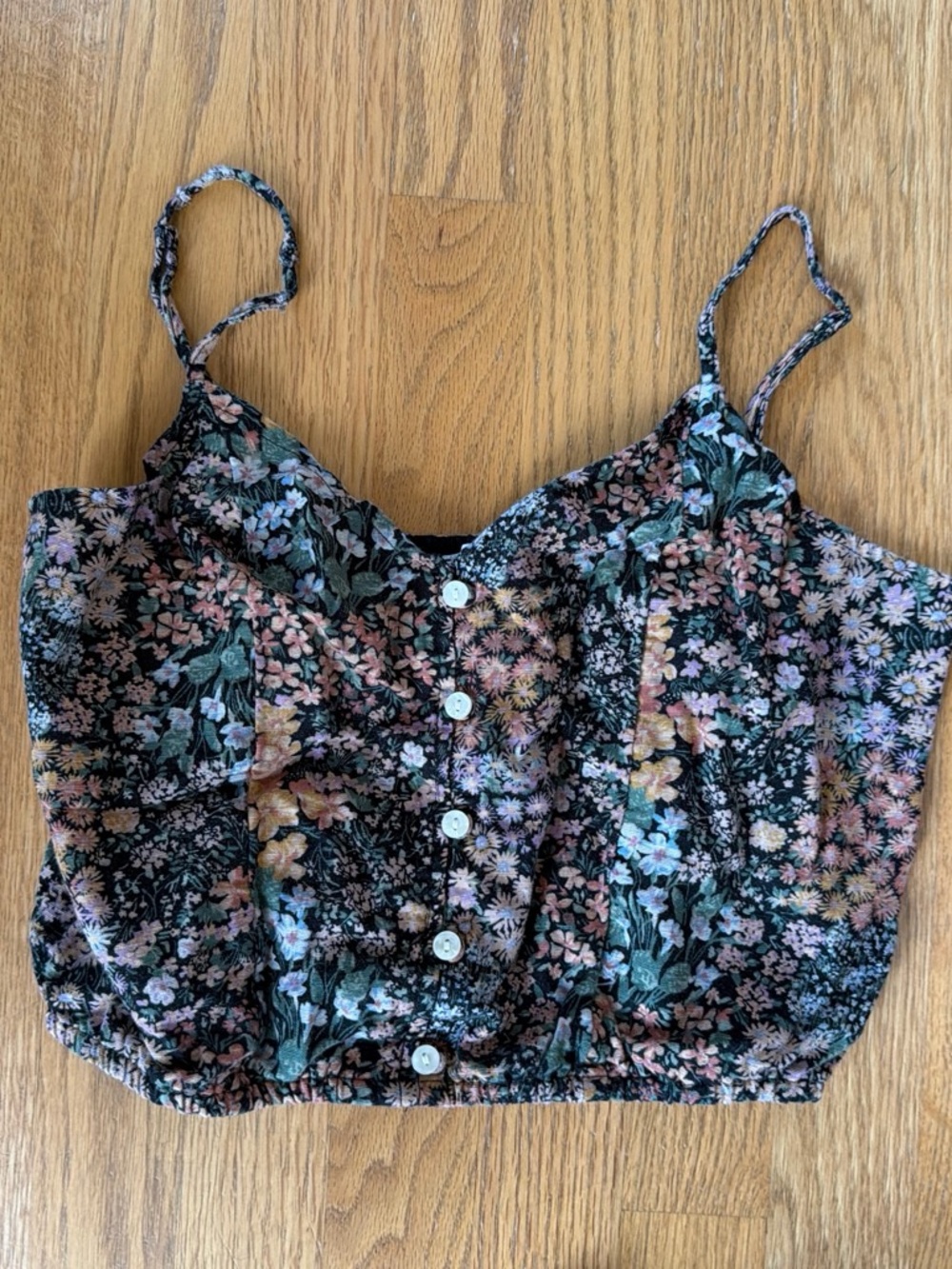 American Eagle Floral Button-Front Crop Cami Top - Black Multi size XS